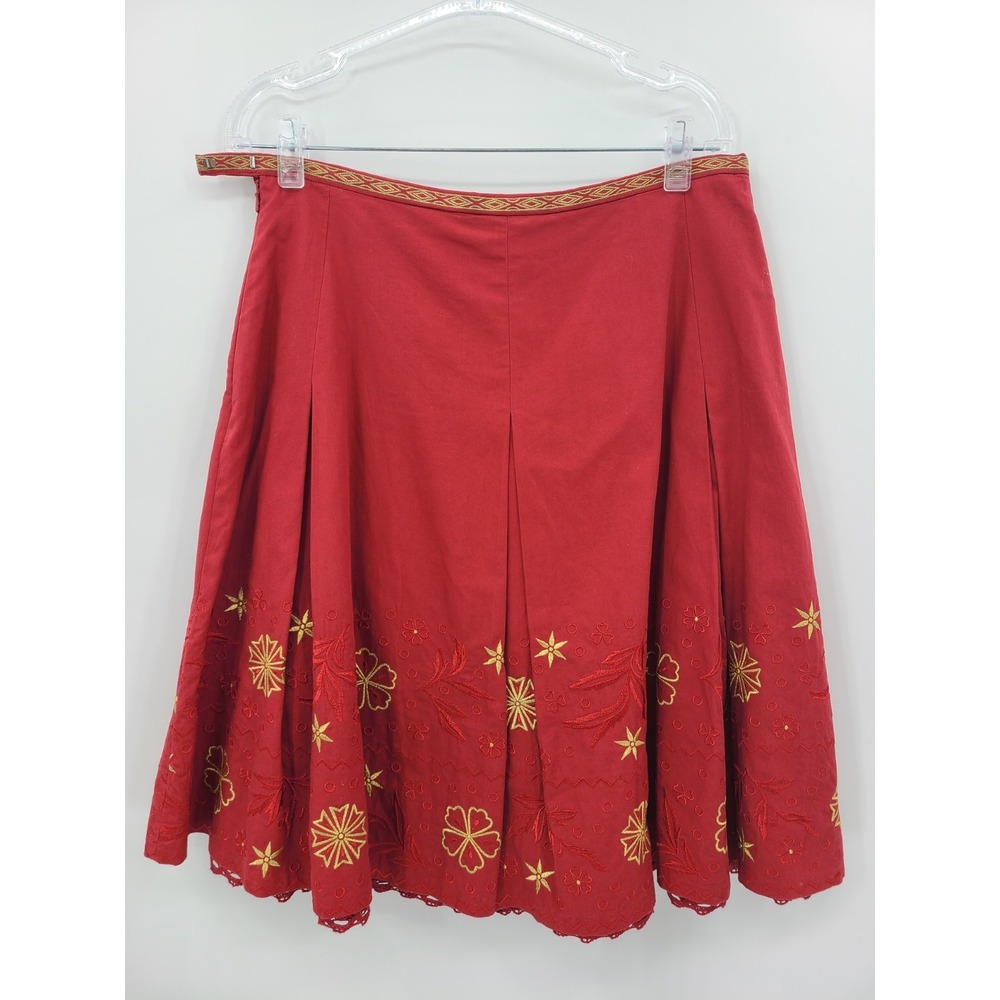 Talbots Embroidered Floral Pleated Skirt 10 Women Red Festive Lace Gold Boho